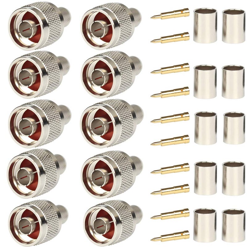 Riotaxy Pack of 10 N Male Plug Crimp Connector 50 ohm for LMR400 Belden 9913 RG8 Nickel Machined Brass Construction (10 Piece N Male for lmr400) - Image 1